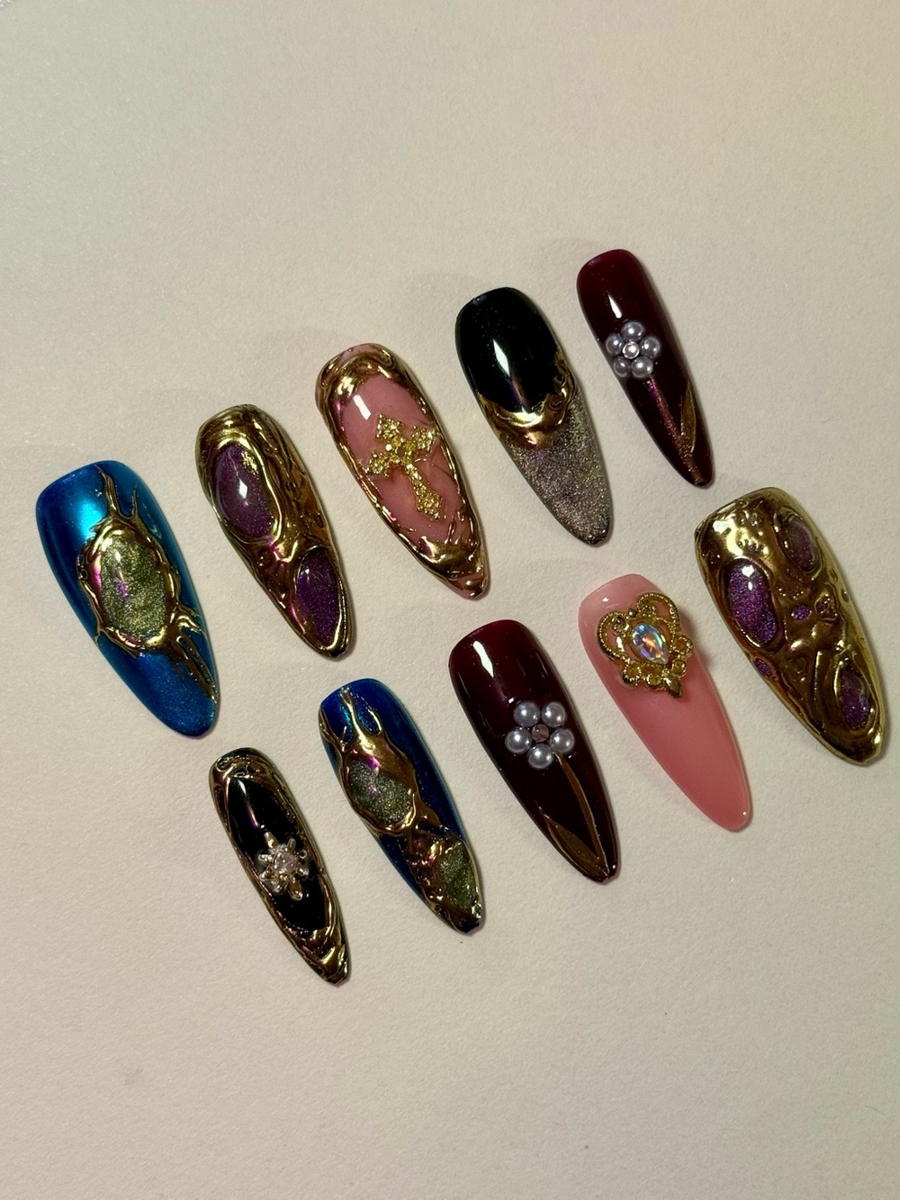 Mixed Jewel-Tone & Gold Embellished Press-On Nail Set - Women